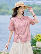 现货2026年夏季新款中老年妈式复古短袖小衬衫盘扣开衫上衣T恤女，女装衬衫，璐依舞