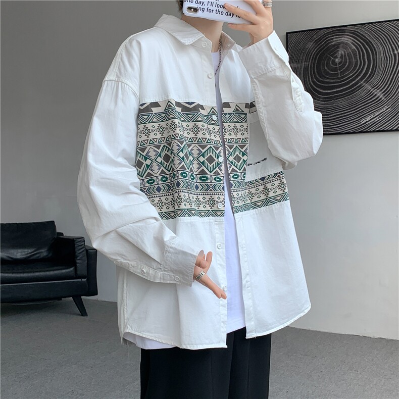 纯棉高品质全棉长袖拼接民族风衬衫男工装衬衣，男装民族服装，电商A426-1(原A430-1)