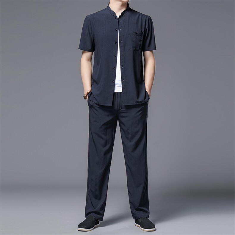 2023年唐装男士夏季短袖中年衣服风套装透气爸爸装衬衫图片