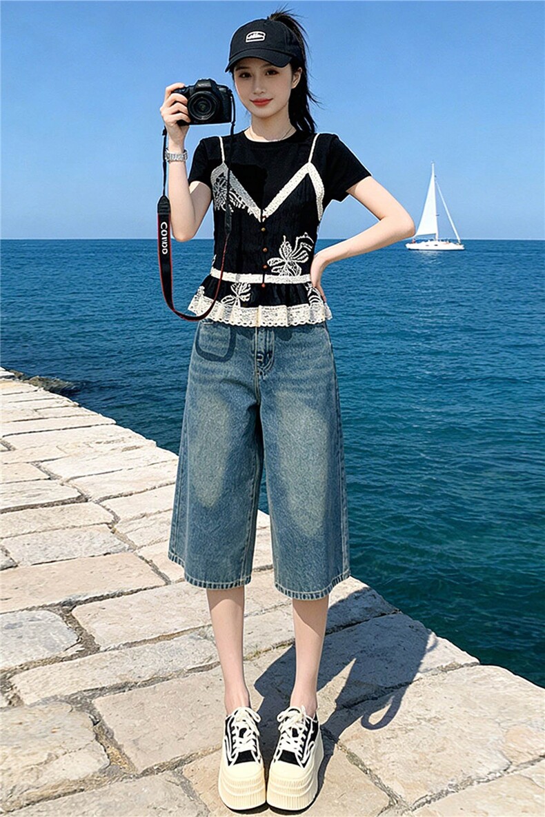 高级感时尚休闲套装夏圆领刺绣蕾丝拼接假两件上衣牛仔中裤两件套,女装套装/套裙,江南