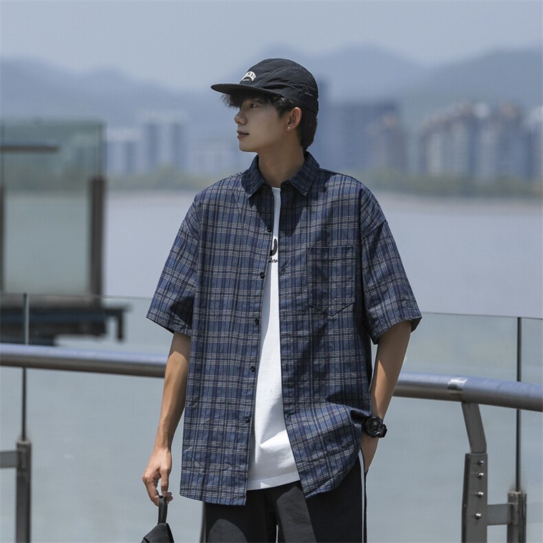 格子衬衫男士港风潮流文艺帅气日系复古2024夏季ins外套CY815-P38,男装衬衫,星座412-3