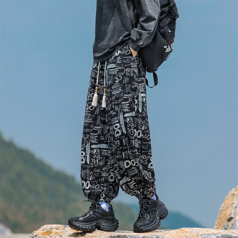 涂鸦不规则字母冰丝灯笼裤垂感宽松大码束脚裤504-K848-P50控78,男装休闲裤,星座504