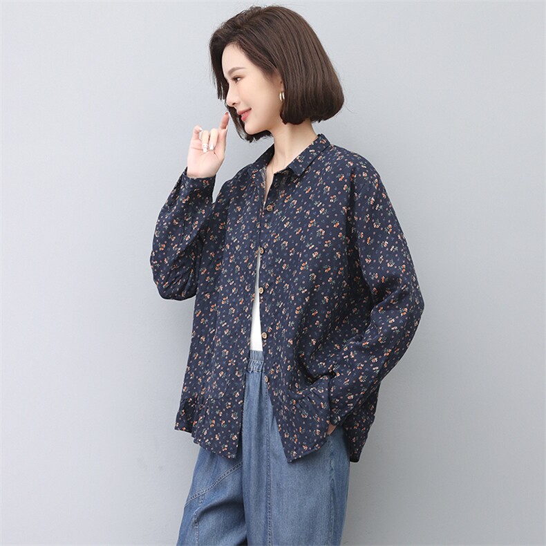 2024春秋季新款纯棉长袖衬衫女妈妈大码宽松洋气减龄碎花衬衣,女装衬衫,忆绮罗