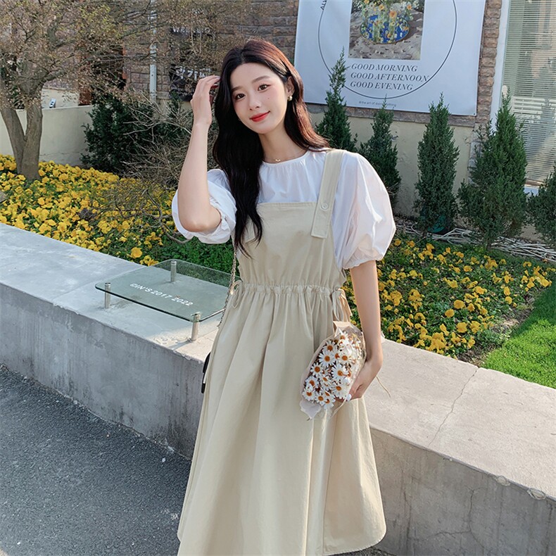 清纯系乖乖妹穿搭背带裙套装女2025夏减龄泡泡袖上衣两件套连衣裙,女装连衣裙,2C092