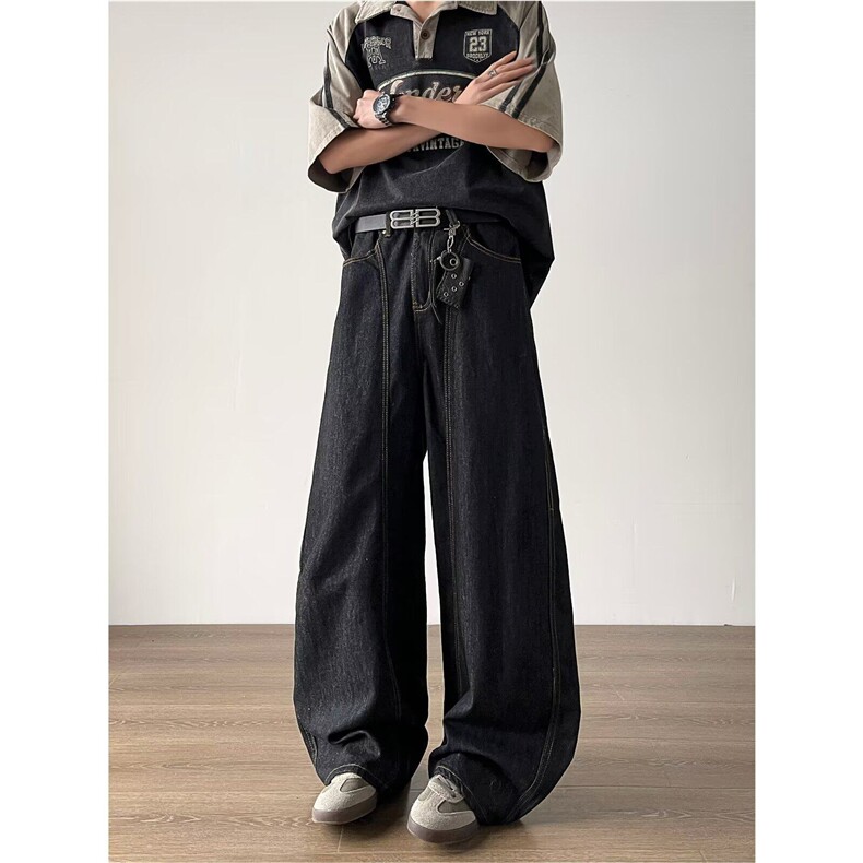 港风男牛仔裤弯刀阔腿明线宽松直筒长裤nk603P50，男装牛仔裤，星座1013-1