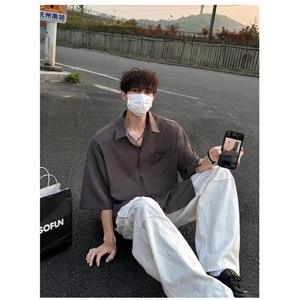 休闲冰丝短袖衬衫男潮牌潮流港风宽松垂感半袖衬衣男外套薄C973