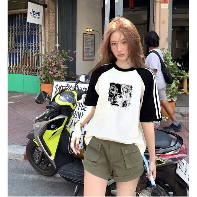 抖音得物品质二开240克宽松纯棉美式潮牌插肩三杠织带短袖T恤,男装T恤,电商A486