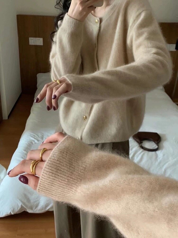时尚百搭宽松短款针织开衫女早春秋系扣圆领毛衣外套羊毛上衣,女装羊毛衫,恩泰羊绒