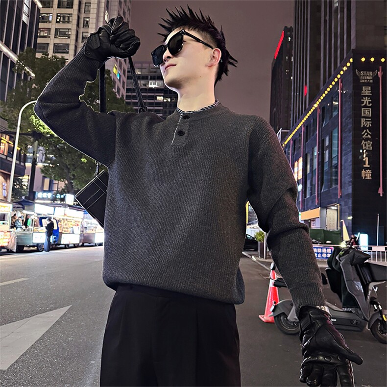 LV301/P88控118冬季美式假两件亨利领针织套头毛衣男浅灰首1,男装针织衫/毛衣,星座305B