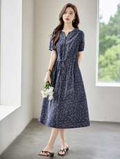 时尚碎花棉麻短袖连衣裙女2026夏季新款收腰显瘦休闲气质V领裙子，女装连衣裙，倪叶myz