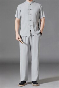 亚麻唐装男装风夏季中年男士中式体恤爸爸夏装棉麻套装图片