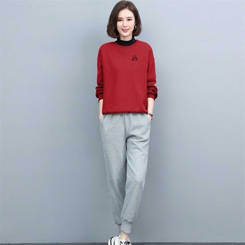 卫衣两件套秋冬宽松加绒加厚高领卫衣女休闲裤中老年妈妈装,女装套装/套裙,璐依舞
