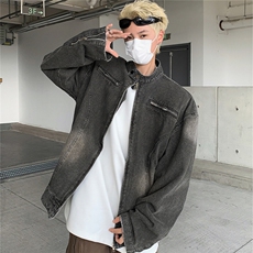 JK89472025秋复古水洗做旧拉链装饰牛仔夹克立领外套，男装夹克，星座1108