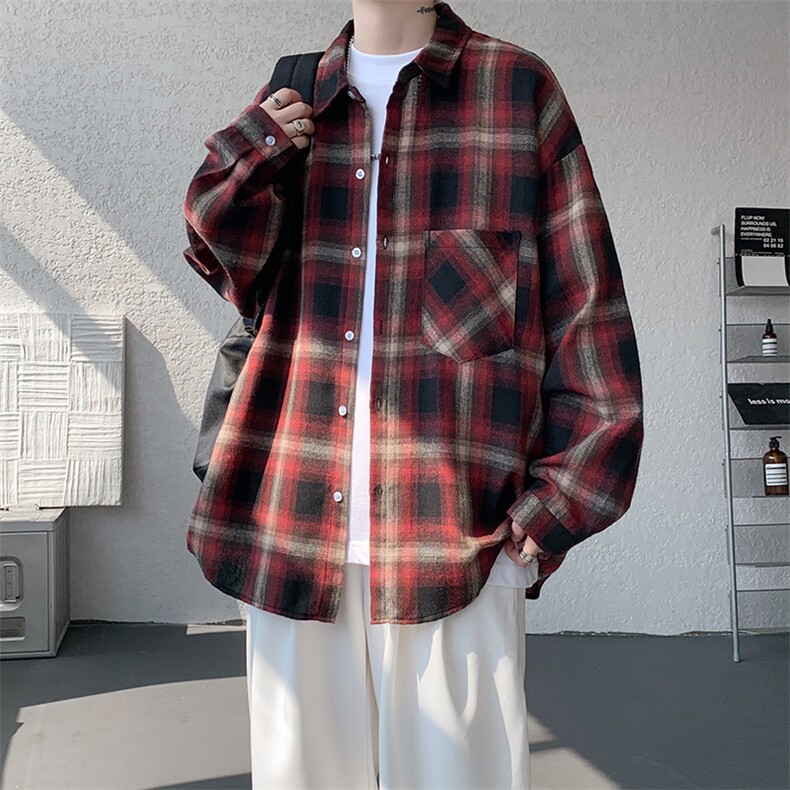 衬衫男春季新款港风宽松大码磨毛格子长袖衬衣CS2018-P35，男装衬衫，星座214-3