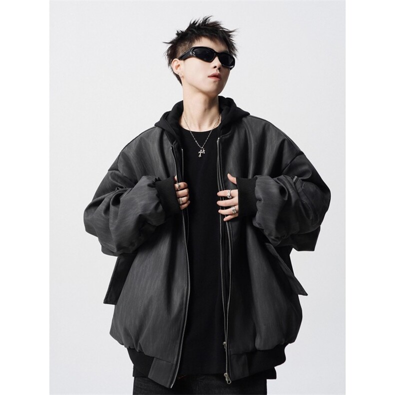 JK8539-P77 美式复古飞行员夹克假两件pu皮衣外套男女潮高级感图片