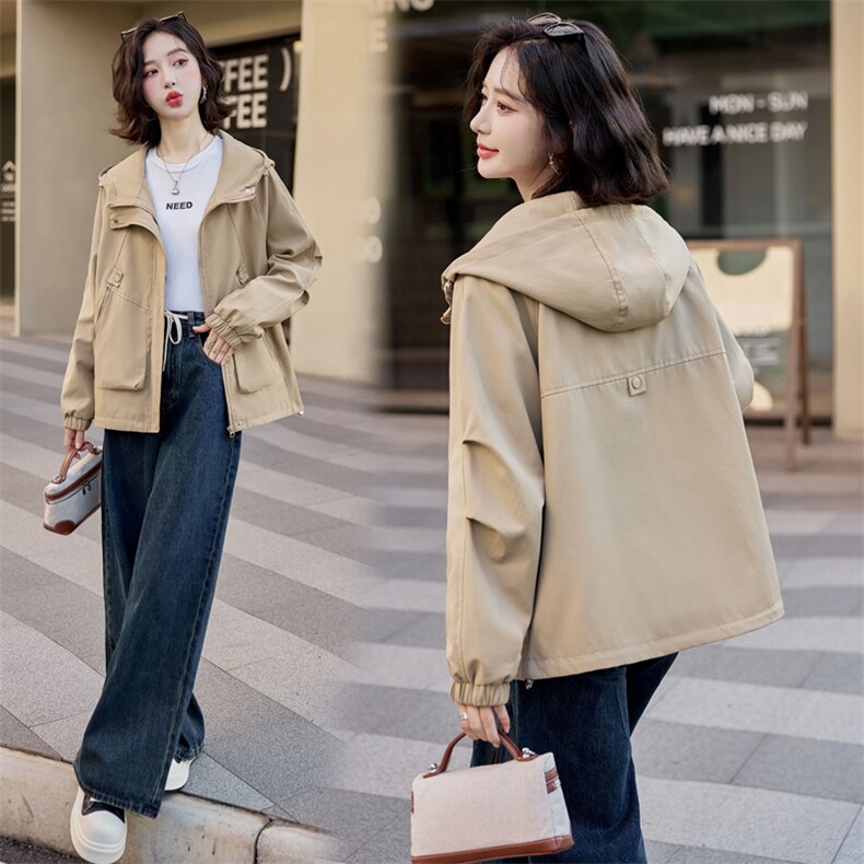 时尚宽松小个子休闲夹克外套女2024春秋新款百搭连帽女士短款风衣,女装短外套,以桐
