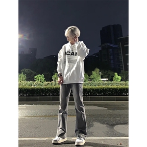 欧美高街vibe裤子嘻哈街头美式复古牛仔裤修身直筒显瘦微喇叭裤图片