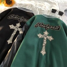 高街美式复古十字架刺绣棒球服男拼皮潮牌休闲夹克外套WT445-P60，男装夹克，星座1008
