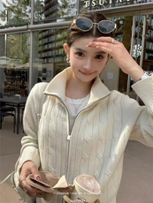 2025年秋季时尚百搭通勤简约休闲绞花立领拉链开衫，女装针织衫/毛衣，米咔羊绒