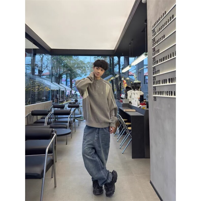 半拉链毛衣男秋冬小众设计感拼接潮牌美式复古上衣高级感痞帅外套,男装针织衫/毛衣,星座506A