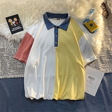 平铺港风休闲百搭拼接撞色polo衫男夏季翻领短袖潮pl101p35限58，男装Polo衫，电商A089-1