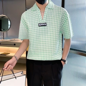 夏季POLO衫领短袖衬衫男设计感千鸟格冰丝半袖衬衣男装T恤 T558图片