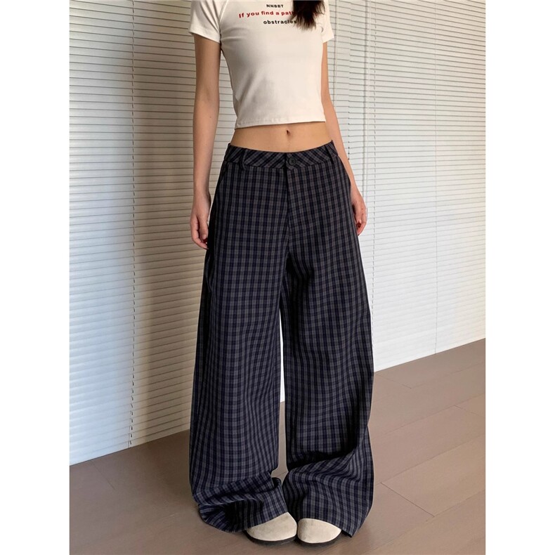 美式复古慵懒松弛感格子休闲裤男女夏季新款宽松垂感直筒百搭长裤图片