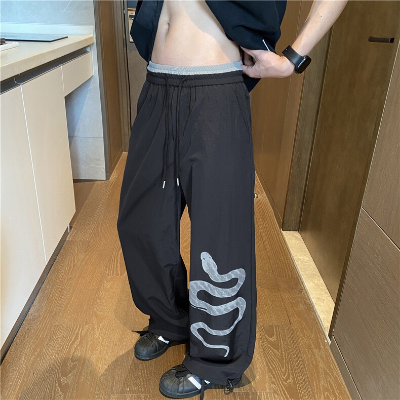 2025夏季新款美式高街小蛇印花宽松冰丝裤B315-K25519-特p35控68,男装休闲裤,电商B315