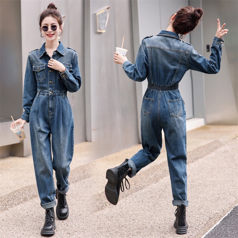 (现货)工装牛仔连体裤女2026年新款春秋高级感气质显瘦减龄连衣裤,女装连体裤,印象茜