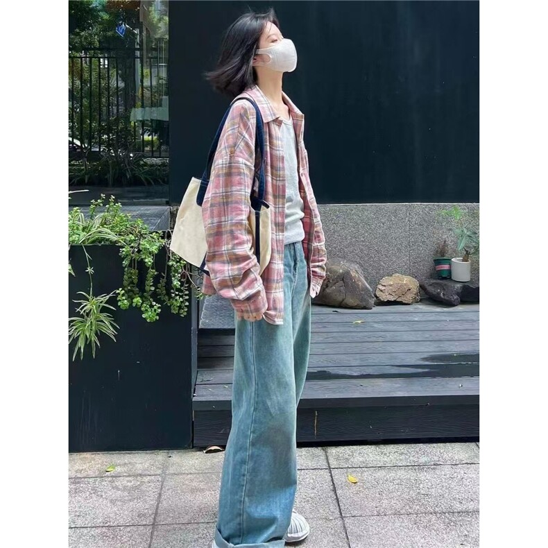 2025新款刺绣嫩粉色格子衬衫外穿女时尚高级宽松休闲显瘦衬衣开衫,男装衬衫,星座1210-1