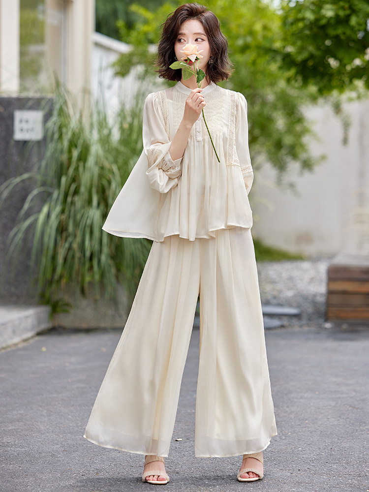 超仙时尚雪纺套装女2025春夏新款半透减龄显瘦流行阔腿裙裤三件套,女装套装/套裙,水衣源