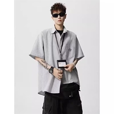夏季新款潮流衬衫男条纹翻领男士衬衣百搭宽松高级感短袖，男装T恤，星座506A