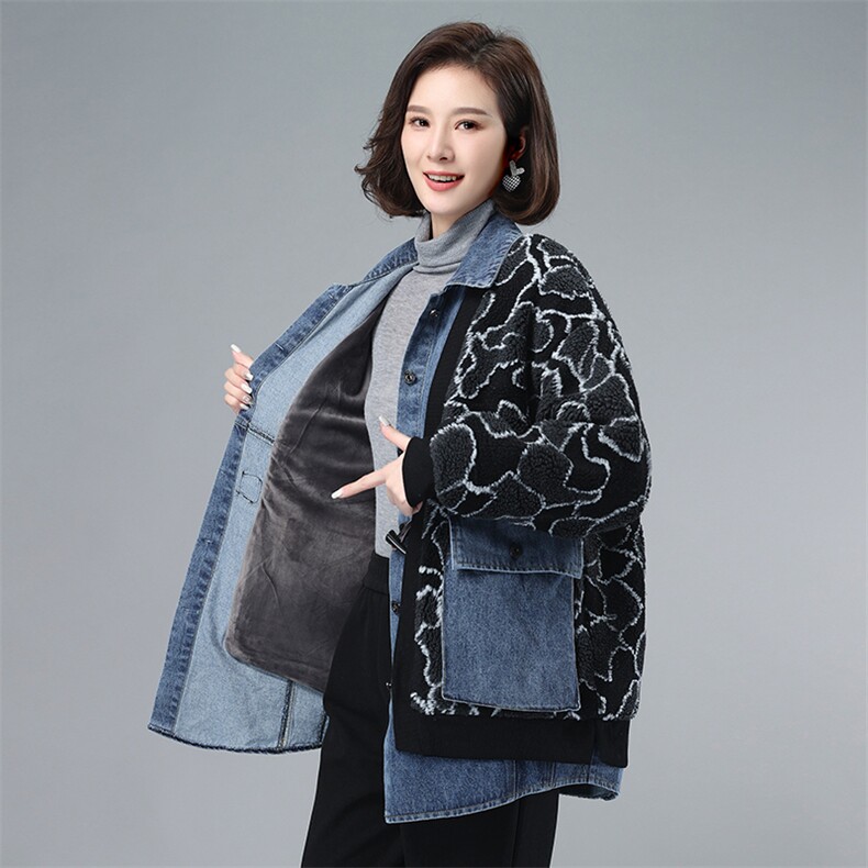 2021年冬季通勤宽松加绒长袖文艺拼接牛仔颗粒绒外套,女装卫衣/绒衫,叶笙衣