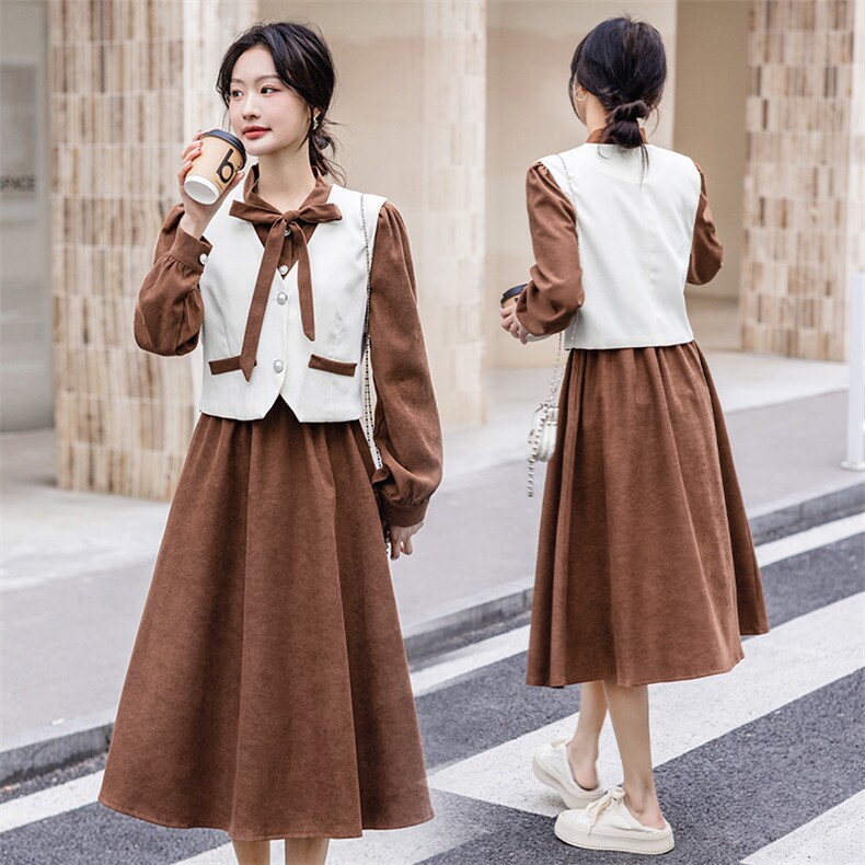 现货小香风套装2025新款女春秋小个子马甲衬衫马甲连衣裙两件套,女装套装/套裙,韩美纤衣