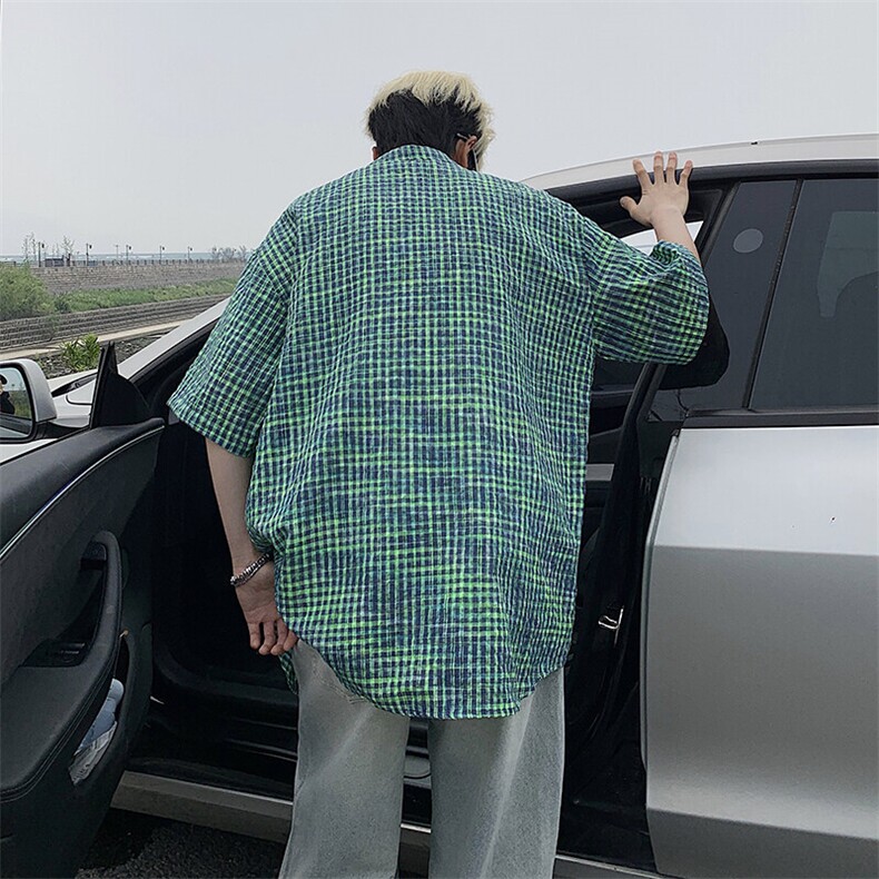 B221美式ins高街宽松薄款泡泡格短袖衬衫SY2548-特P35控59,男装衬衫,电商B221