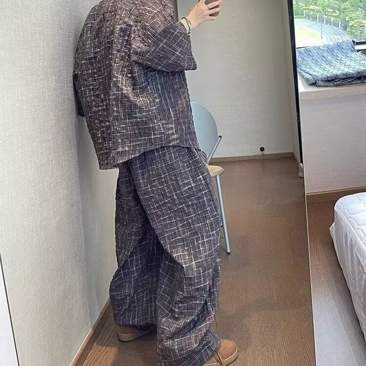 夏季男士潮牌泡泡格阔腿休闲裤时尚百搭情侣同款宽松透气直筒长裤,男装休闲裤,星座506A