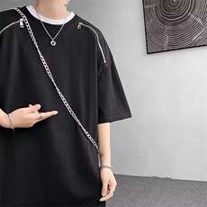 黑色双拉链夏季t恤男短袖欧美高街hiphop痞帅炸街重磅五分袖上衣，男装T恤，星座506A