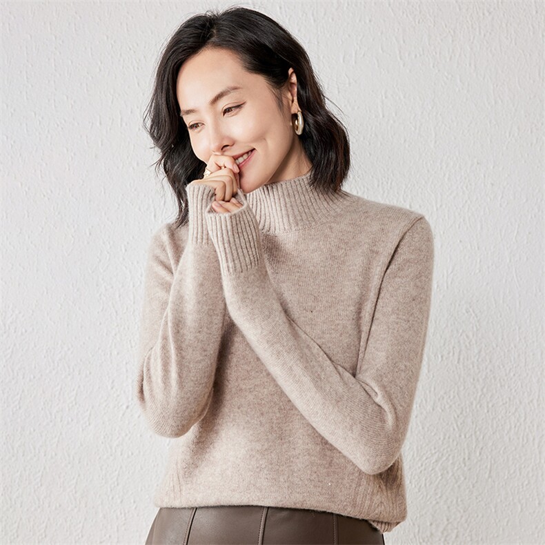 2025年秋季新款百搭女士纯色高领长袖套头衫,针织衫/毛衣,春贝羊绒