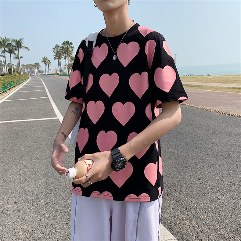 港风全身爱心印花短袖T恤男女夏季纯棉短袖情侣装T127P35控49，男装T恤，电商A089-1