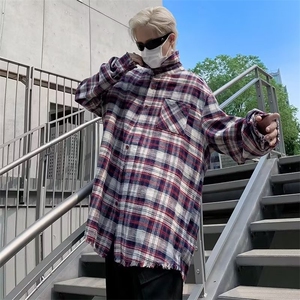 美式复古格子拼色防晒长袖衬衫男女外套潮流高街C31-P45图片