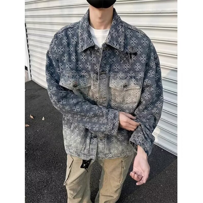 W363-P75美式复古设计感牛仔外套男士025春秋款宽松显瘦满印,男装工装外套,电商B323A