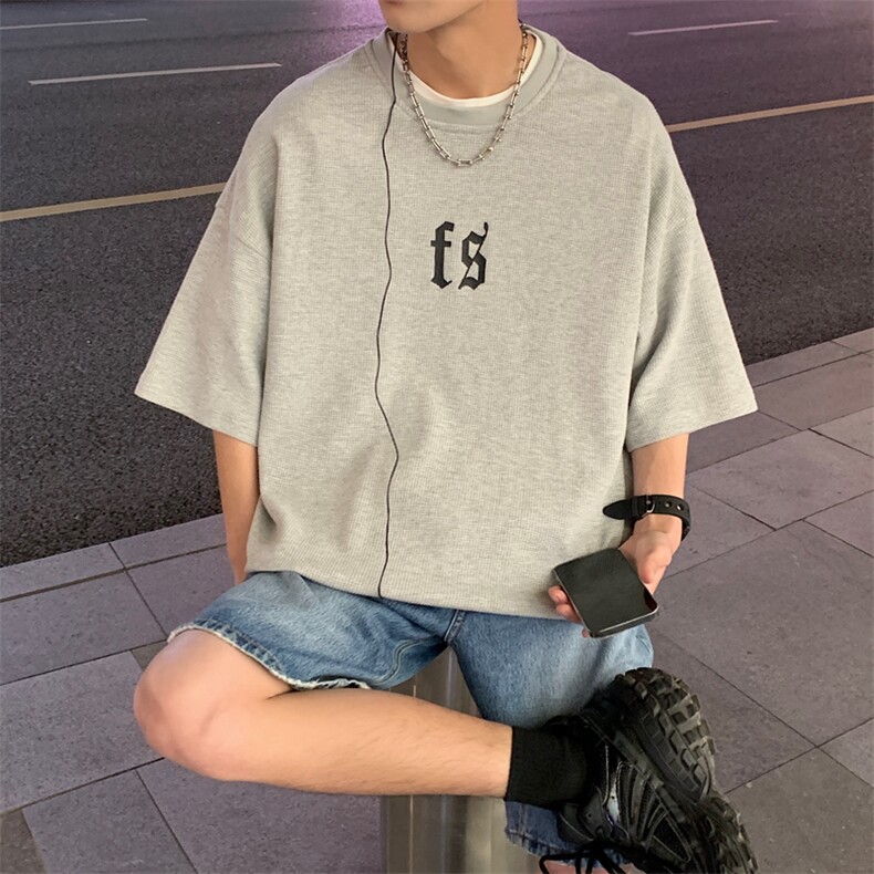 华夫格短袖t恤男夏季潮牌潮流oversize美式复古短袖T0150-P40图片