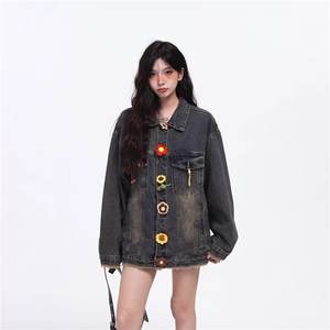 2580-P73 做旧水洗牛仔外套女花朵2025新款设计感宽松百搭休闲图片