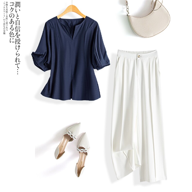 水衣源2731B款灯笼袖宽松小衫配西装裤撞色职场显气场两件套女，女装套装/套裙，水衣源