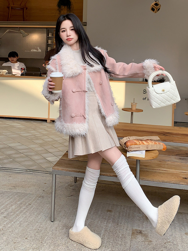 现货主推皮毛一体加厚粉色翻领210-6361-P195-K288,女装羊羔毛/颗粒绒,浙宝210（原浙宝191）