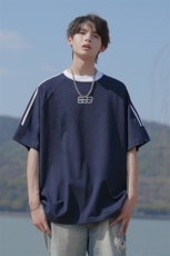 已注册新款抖音直播高品质三条杠运动宽松男短袖T恤T6025P28，男装T恤，电商C408-1(原B339-1)