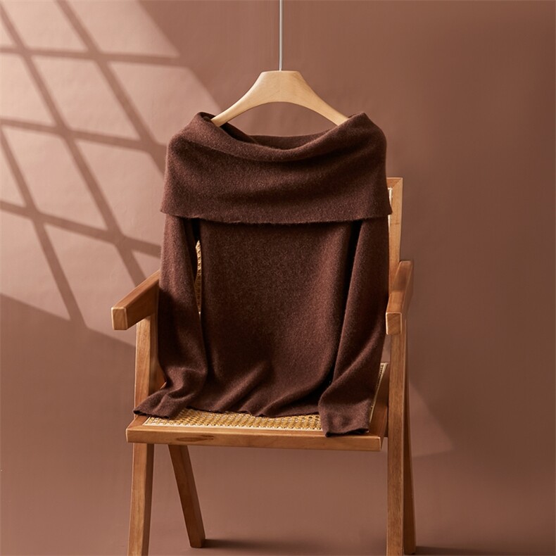 秋新款一字领露肩针织衫女宽松显瘦长袖35%羊绒衫，女装羊绒衫，朵沐纯羊绒