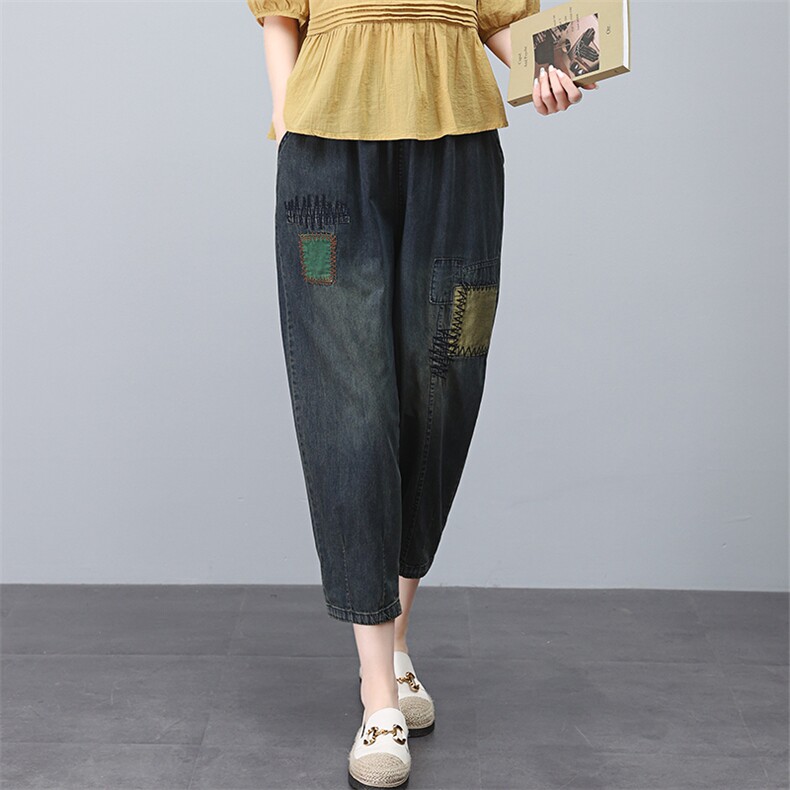 水洗牛仔裤女夏款2025年新款休闲宽松百搭哈伦裤拼接九分老爹裤子，女装牛仔裤，叶笙衣