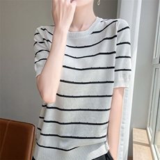 显瘦条纹短袖T恤女夏季2025新款打底衫洋气大码女装冰丝针织上衣，女装针织衫/毛衣，萱芳婷羊绒
