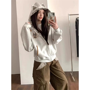 网图有货 美式复古豹纹小恶魔刺绣开衫连帽卫衣外套男女A1010-P58图片